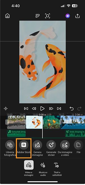 La Modalità di aggiunta che mostra l’opzione Adobe Stock evidenziata tra le altre opzioni per aggiungere video e immagini.