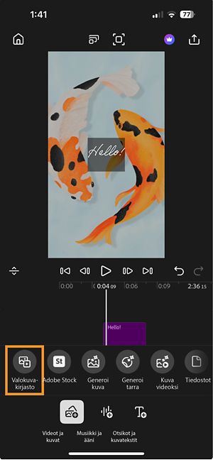 Lisää-tila, jossa vaihtoehto Valokuvakirjasto on korostettu muiden vaihtoehtojen mukana videoiden ja kuvien lisäämiseksi.
