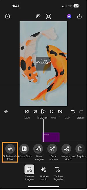 Modo de adicionar, mostrando a opção “Biblioteca de fotos” realçada entre outras opções de adição de vídeos e imagens.