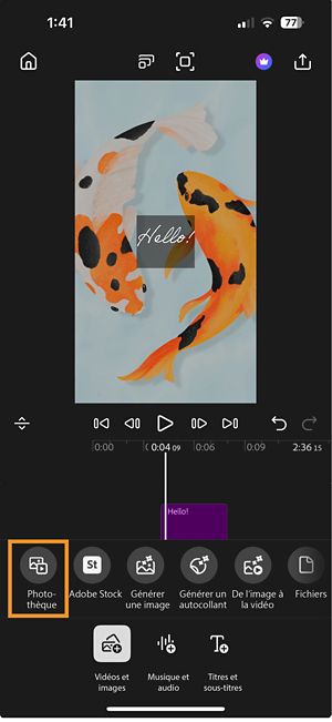 Mode Ajouter montrant l’option Bibliothèque de photo mise en évidence parmi d’autres options pour ajouter des vidéos et des images.