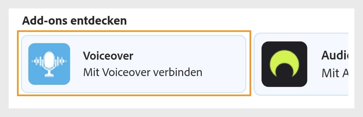 Die Add-on-Optionen unter Add-ons erkunden zeigen Voiceover und Audios, wobei die Option Voiceover hervorgehoben ist.