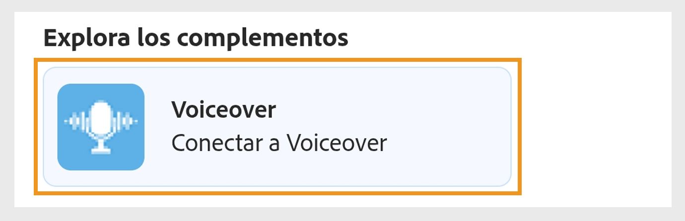 Opciones de complementos en Explorar complementos que muestran Voiceover y Audios con la opción Voiceover resaltada.