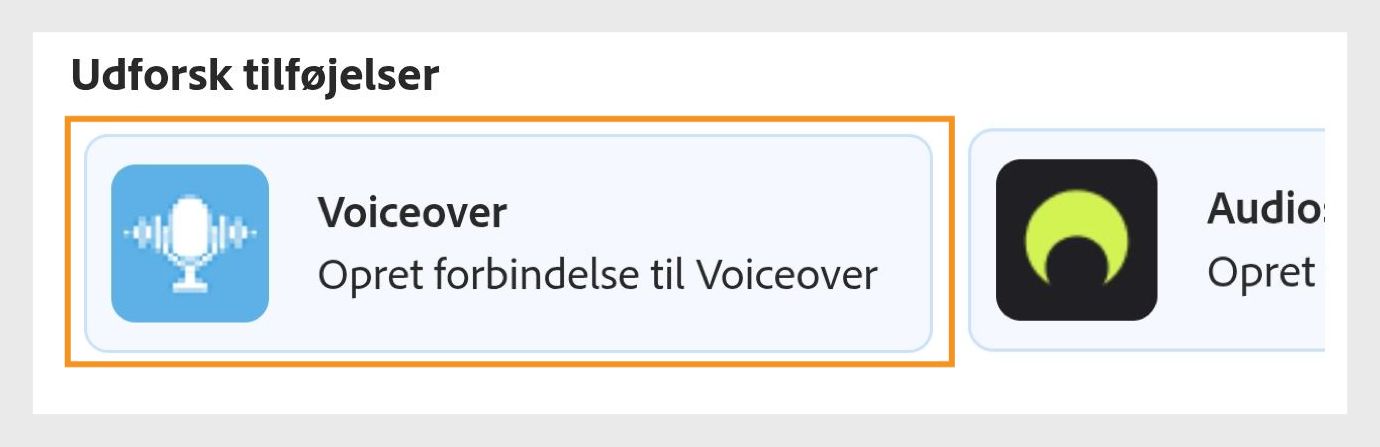 Tilføjelsesindstillinger under Udforsk tilføjelsesprogrammer, der viser Voiceover og lyd med indstillingen Voiceover fremhævet.