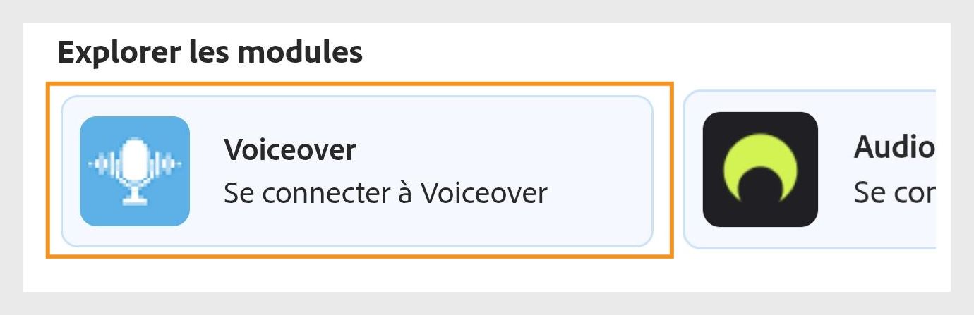 Options de modules sous Explorer les modules affichant Voix off et Audios, avec Voix off mis en évidence.