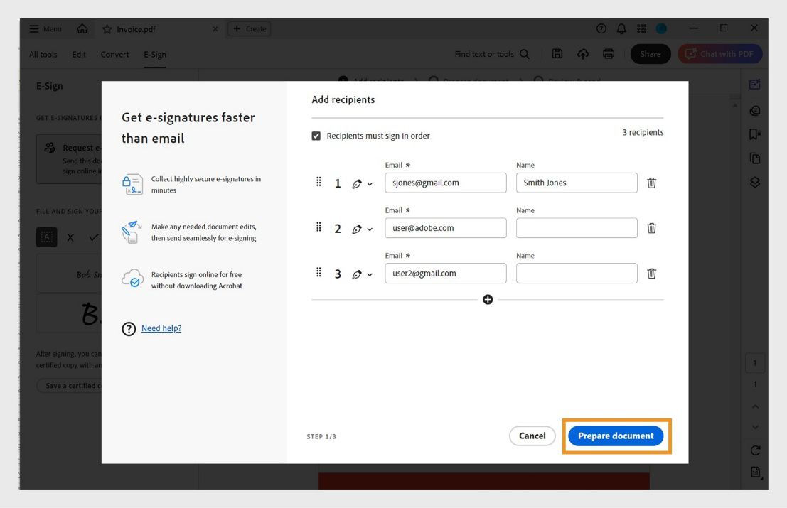 Pogovorno okno za dodajanje prejemnikov prikazuje možnosti za vnos e-poštnih naslovov, nastavitev vrstnega reda podpisnikov in poudarjen gumb »Prepare document«.
