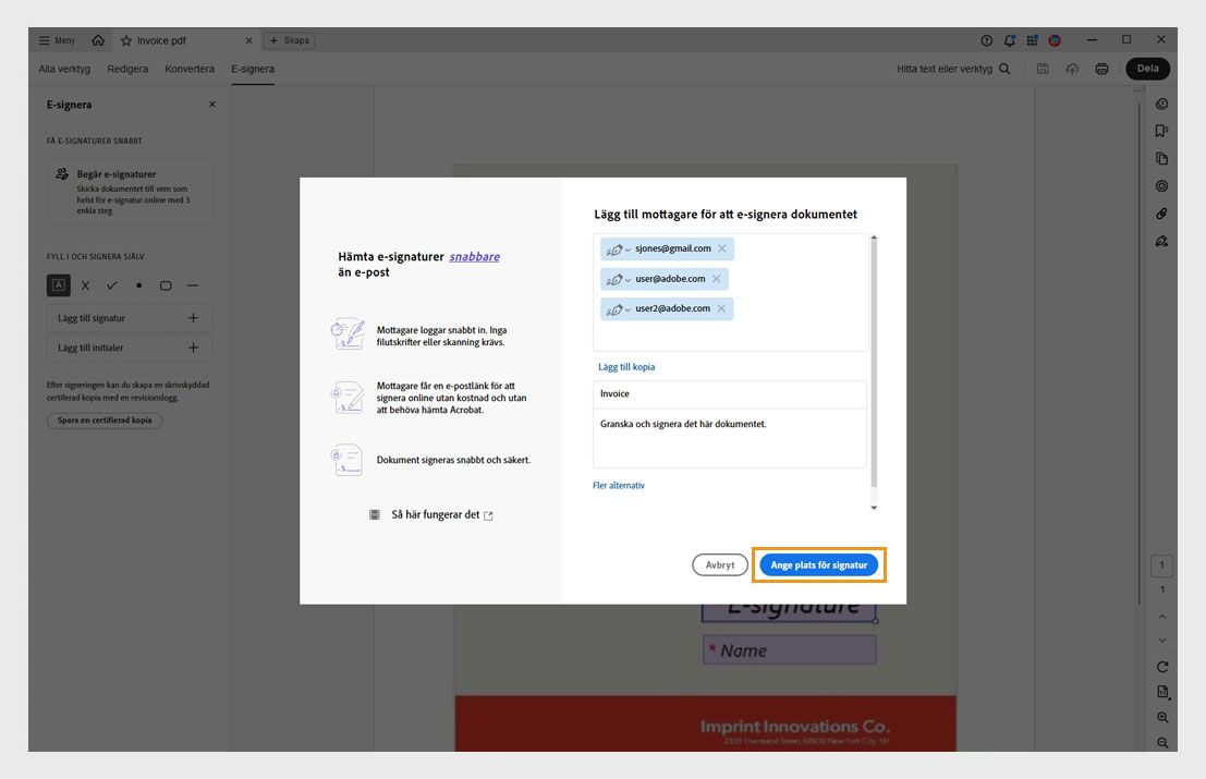 Dialogrutan Lägg till mottagare visar alternativ för att ange e-postadresser, ställa in signeringsordning och knappen Förbered dokument är markerad.