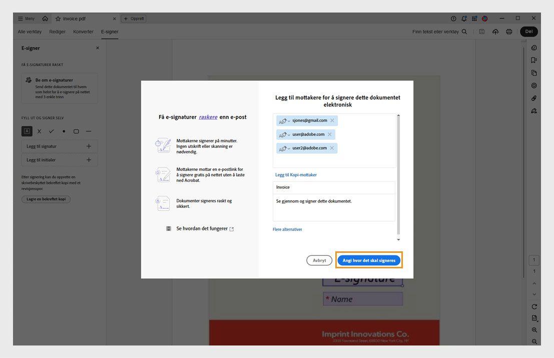 Dialogboksen for å legge til mottakere viser alternativer for å skrive inn e-postadresser, angi signeringsrekkefølge og en uthevet «Forbered dokument»-knapp.