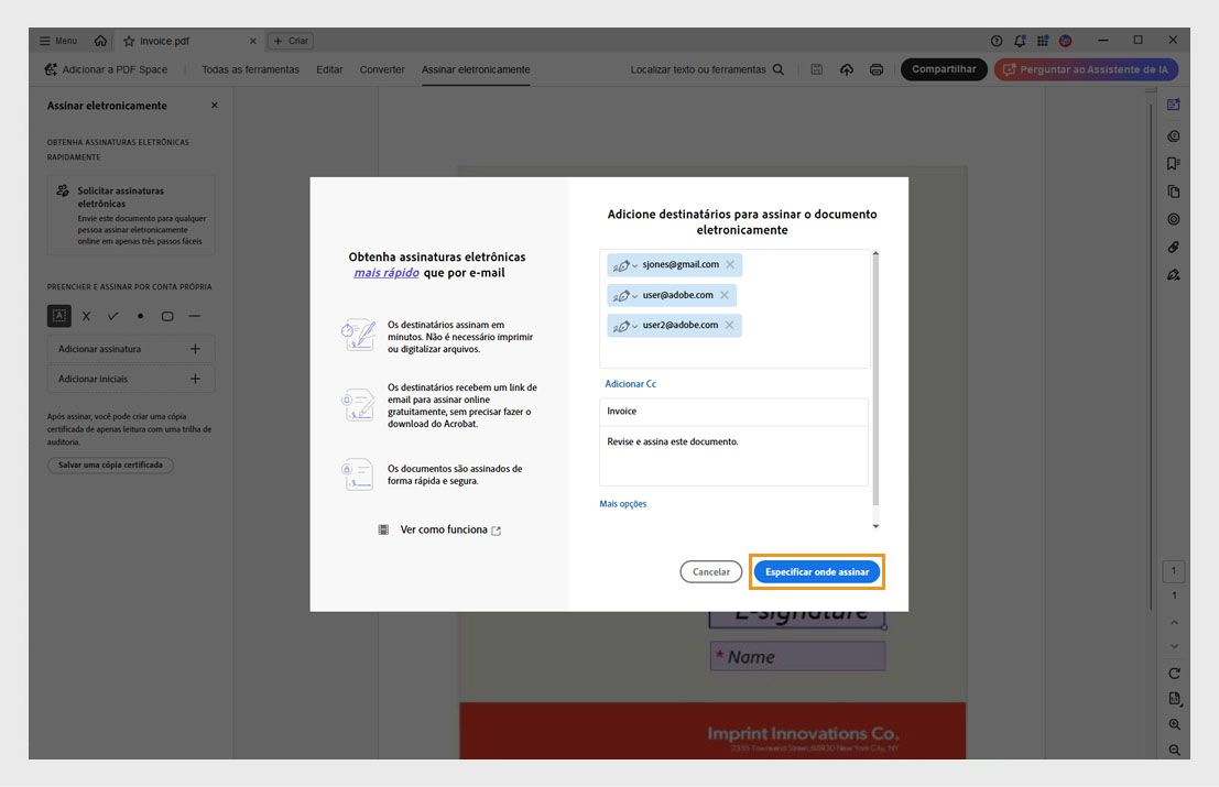 A caixa de diálogo Adicionar destinatários mostra opções para inserir e-mails, definir a ordem dos signatários e um botão 'Preparar documento' destacado.
