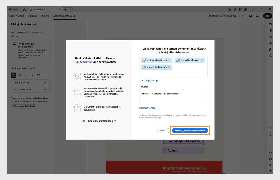 Lisää vastaanottajat -valintaikkuna näyttää vaihtoehdot sähköpostiosoitteiden syöttämiseen, allekirjoittajien järjestyksen asettamiseen sekä korostetun &quot;Valmistele asiakirja&quot; -painikkeen.