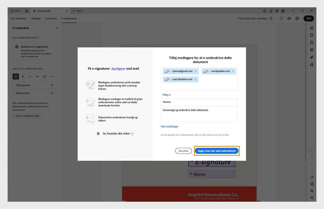 Dialogboksen Tilføj modtagere viser muligheder for at indtaste mails, indstille underskriveres rækkefølge og den fremhævede knap &quot;Klargør dokument&quot;.