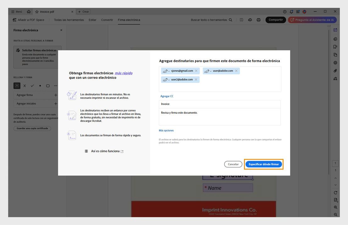 El cuadro de diálogo Añadir destinatarios muestra opciones para introducir correos electrónicos, establecer el orden de los firmantes y un botón &quot;Preparar documento&quot; resaltado.