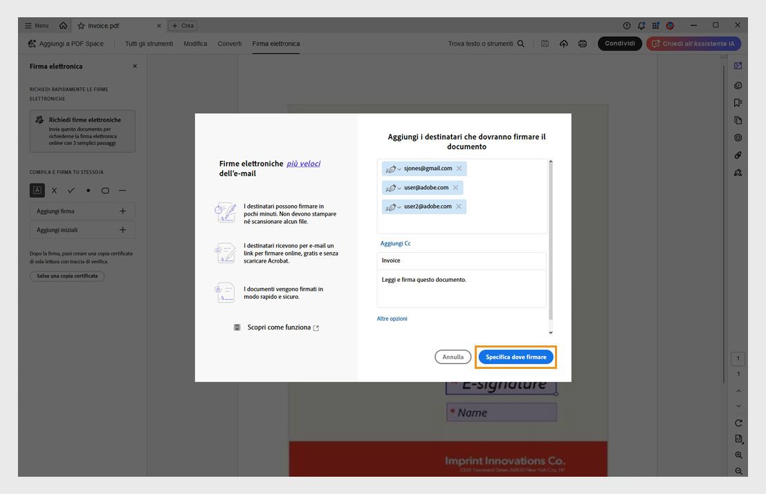 La finestra di dialogo Aggiungi destinatari mostra le opzioni per inserire gli indirizzi e-mail, impostare l’ordine dei firmatari e un pulsante ‘Prepara documento’ evidenziato.