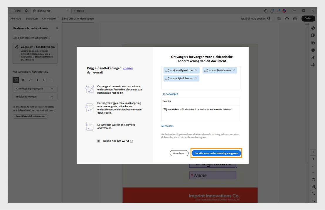 Het dialoogvenster Ontvangers toevoegen toont opties om e-mailadressen in te voeren, de volgorde van ondertekenaars in te stellen en een gemarkeerde knop 'Document voorbereiden'.