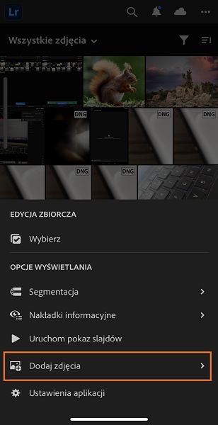 Dodawanie zdjęć z widoku programu Lightroom