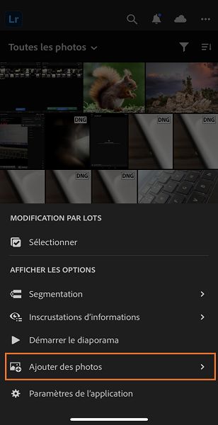Ajouter des photos depuis la vue Lightroom