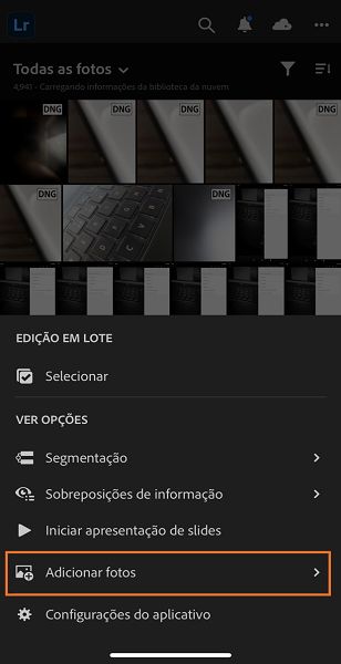 Adicionar fotos na exibição do Lightroom