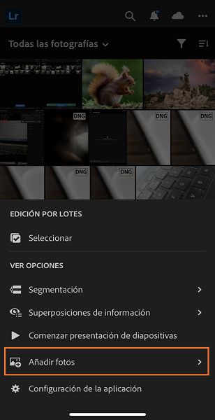 Añadir fotos desde la vista de Lightroom