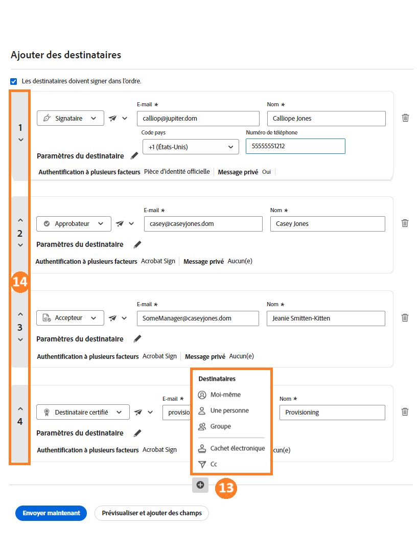 Section Ajouter des destinataires avec l’icône Ajouter un destinataire et les flèches d’ajustement de l’ordre destinataire mises en évidence