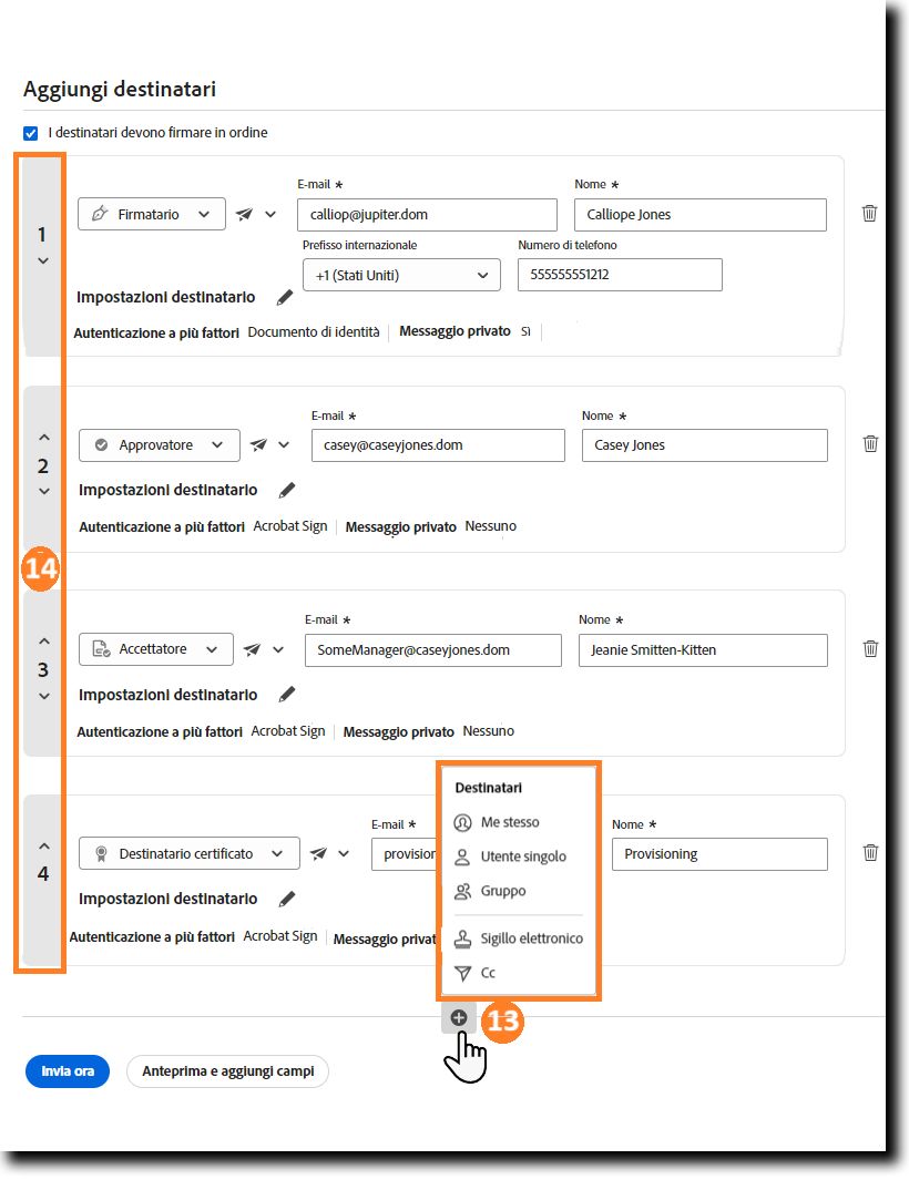La sezione Aggiungi destinatari con l’icona Aggiungi destinatario e le frecce di regolazione dei destinatari evidenziate