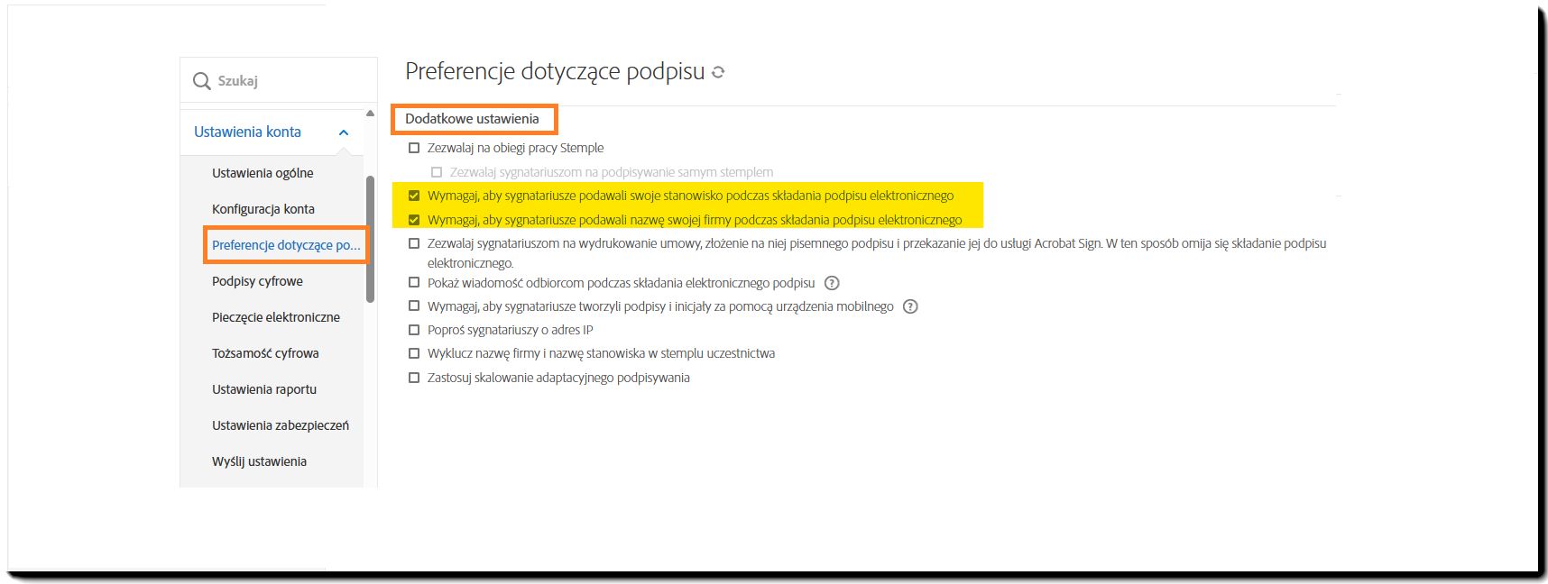 Dodatkowe elementy sterujące ustawieniami, które muszą być włączone, aby opcja Tytuł i Firma była wymagana.