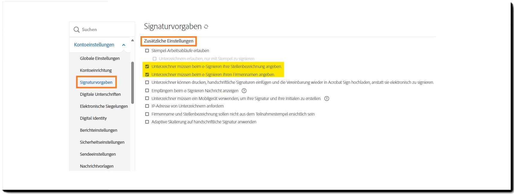 Zusätzliche Steuerelemente für Einstellungen, die aktiviert werden müssen, damit die Optionen „Titel“ und „Firma“ erforderlich sind.