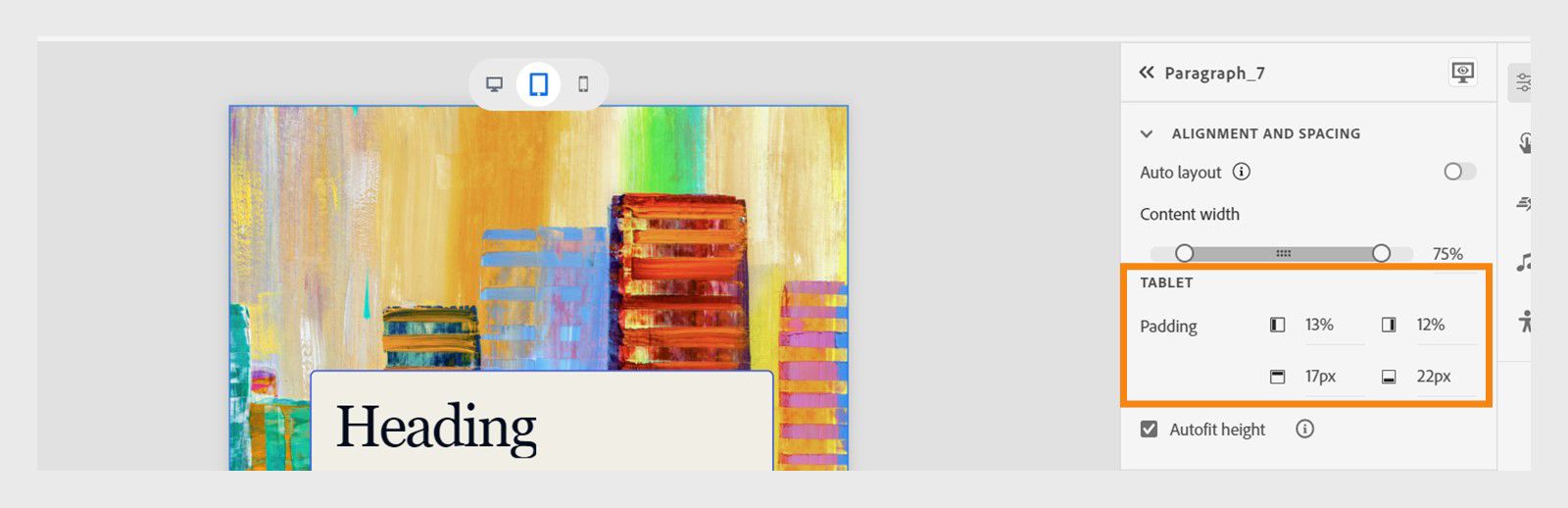 This is an image that shows content block padding for tablet view with Auto layout disabled