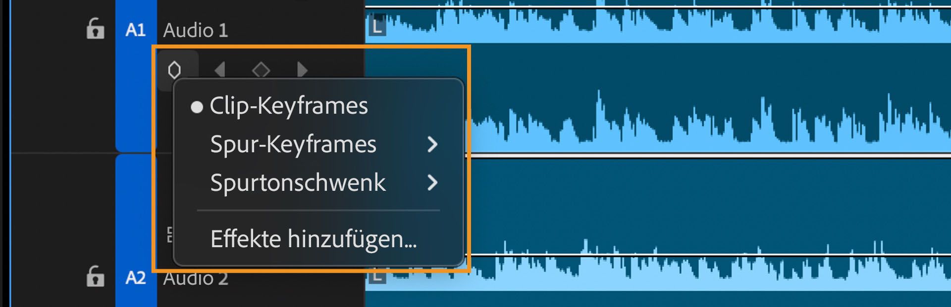 Das Symbol „Keyframe anzeigen“ ist ausgewählt und das Kontextmenü ist geöffnet.Das Kontextmenü enthält die Optionen „Clip Keyframes“, „Spur-Keyframes“ und „Spur-Balance“.Die Optionen können zur Anpassung der Lautstärke der Audiospur in Premiere Pro verwendet werden.