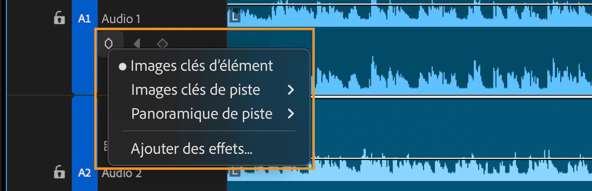 L'icône Afficher l'image clé est sélectionnée et le menu contextuel est ouvert.Le menu contextuel propose les options Images clés d’élément, Images clés de piste et Panoramique de piste.Les options peuvent être ajustées pour régler le volume de la piste audio dans Premiere Pro.