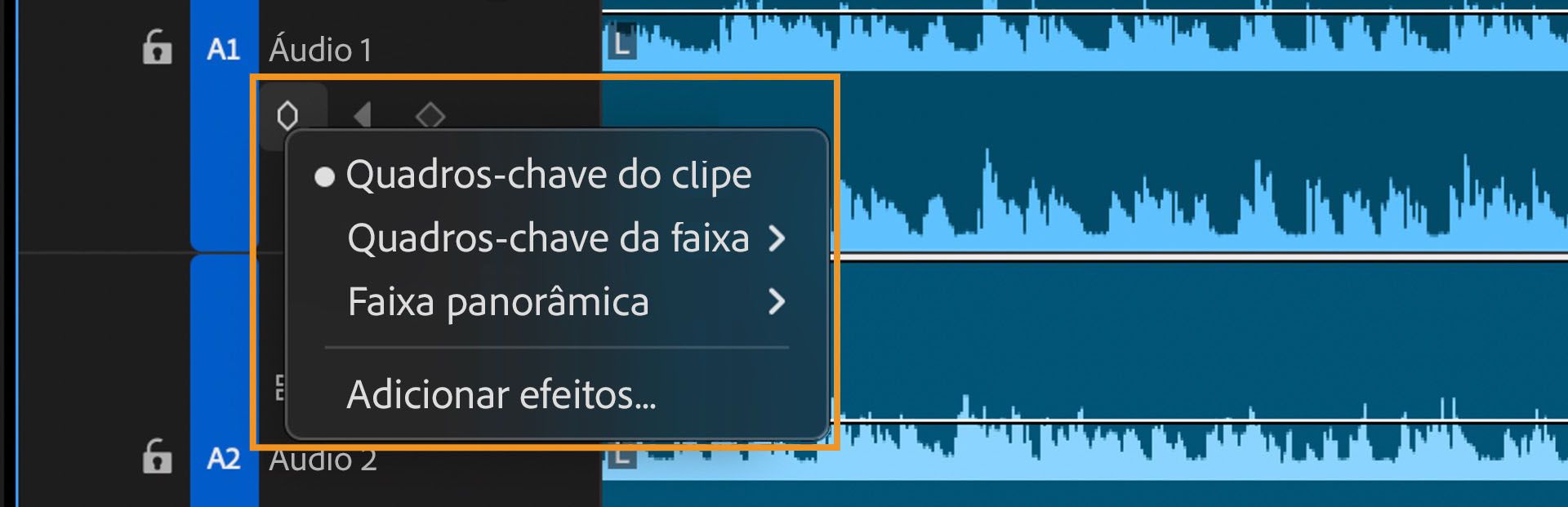 O ícone Mostrar quadro-chave é selecionado e o menu de contexto é aberto.O menu de contexto tem as opções Quadros-chave do clipe, Quadros-chave da faixa e Panorâmica da faixa.As options podem ser ajustadas para o volume da faixa de áudio no Premiere Pro.