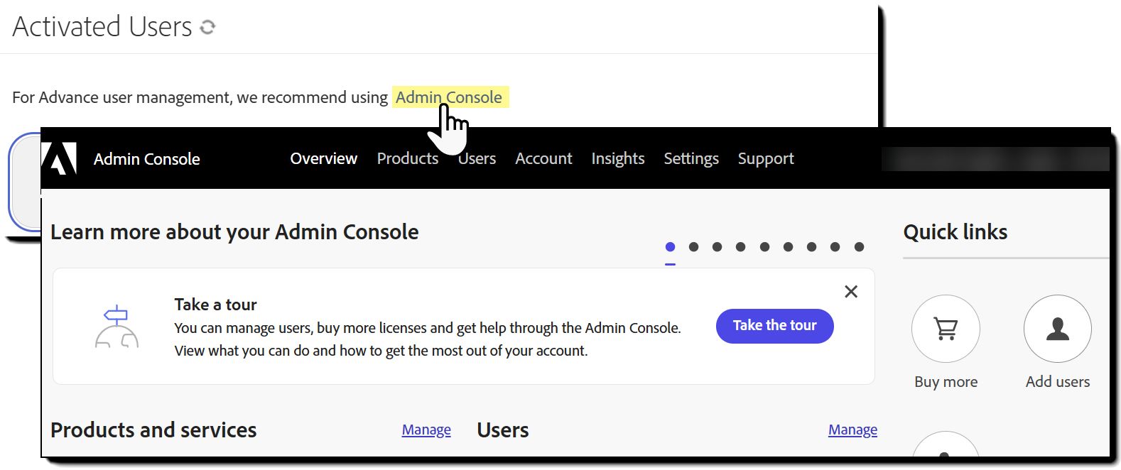 Admin Console 개요 링크가 강조 표시된 관리자의 사용자 페이지.