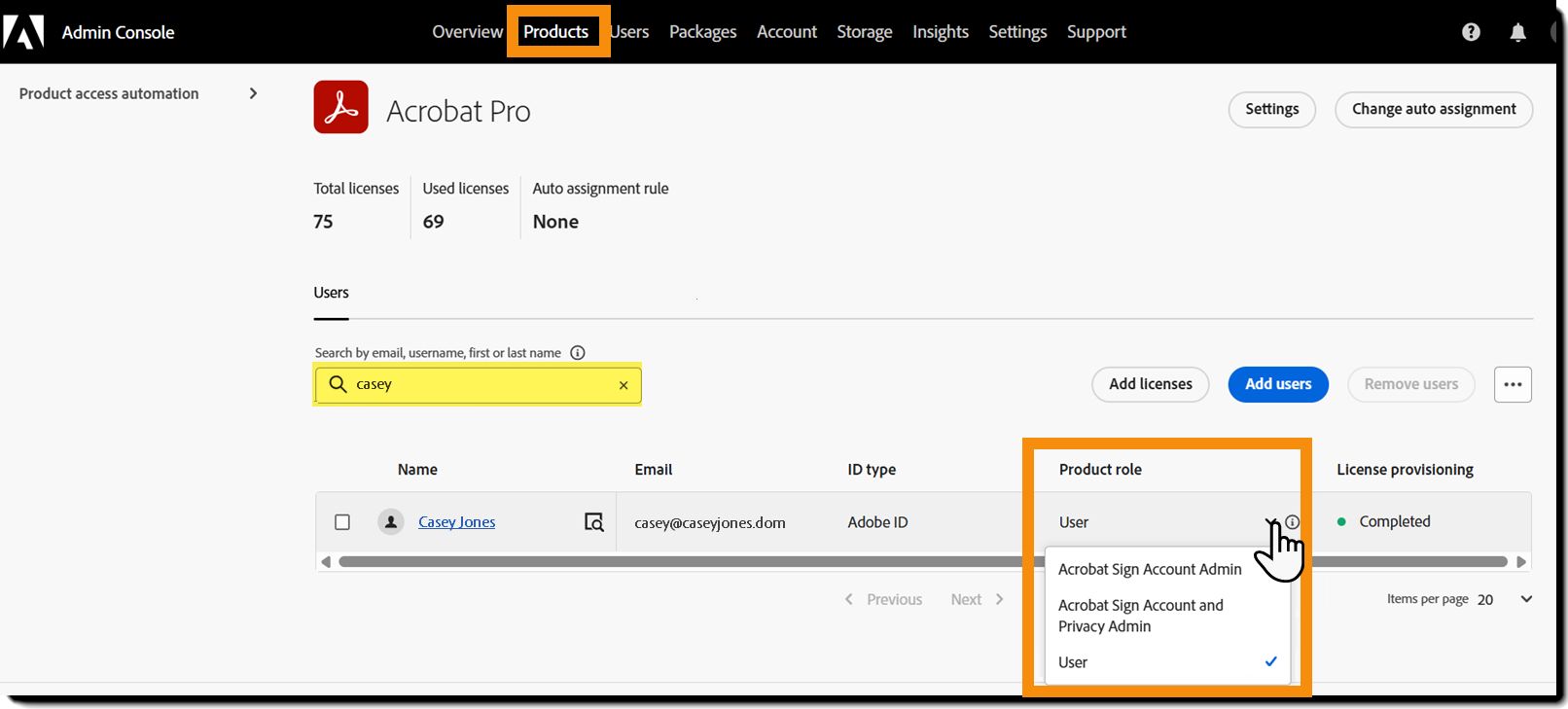 The user's record with the product role highlighted.