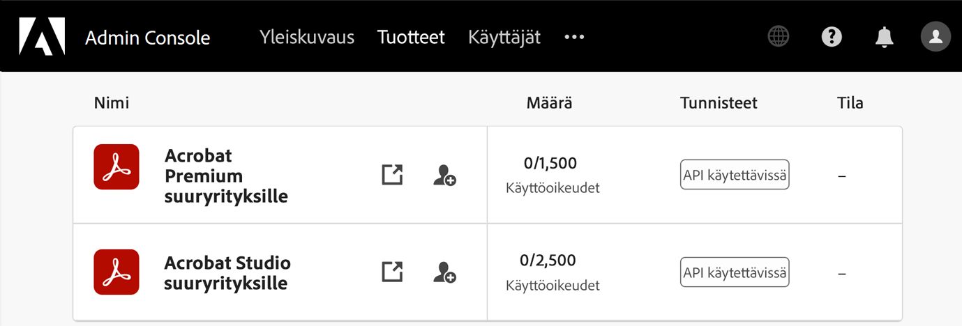 Admin Console -näkymässä näkyvät Acrobat Premium suuryrityksille- ja Acrobat Studio suuryrityksille -lisenssien määrä.