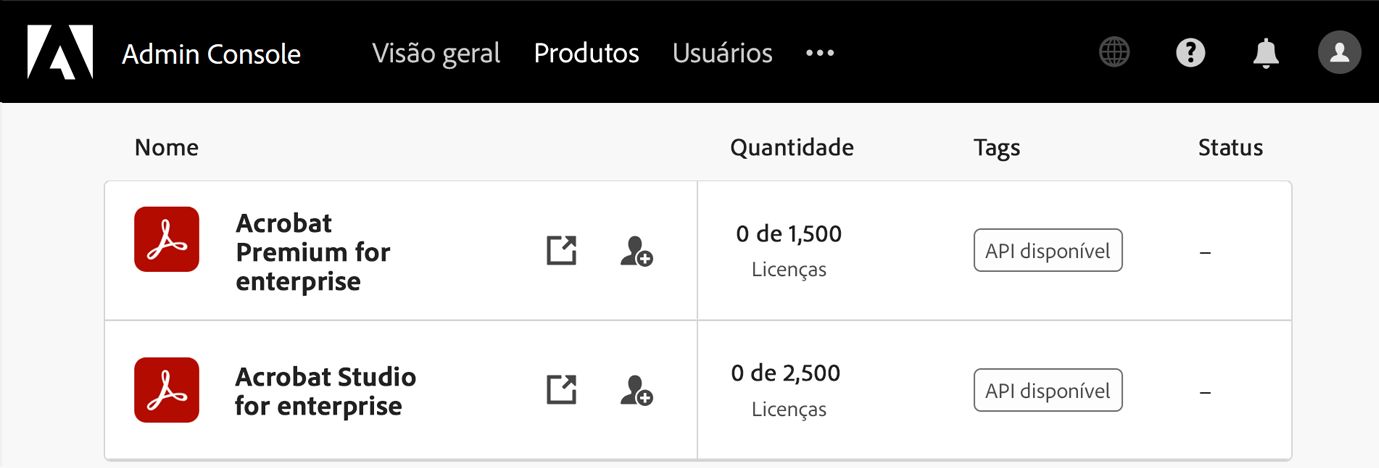 Exibição do Admin Console que mostra a quantidade de licenças do Acrobat Premium for enterprise e do Acrobat Studio for Enterprise.