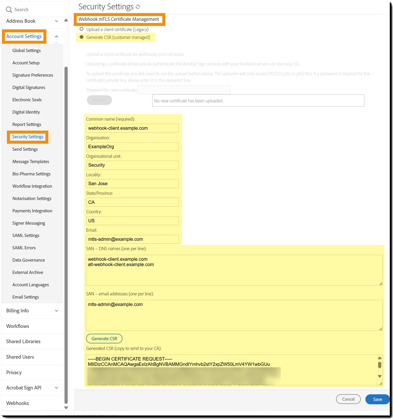 Fonctionnalité mTLS avec l’option générée par Acrobat Sign sélectionnée.