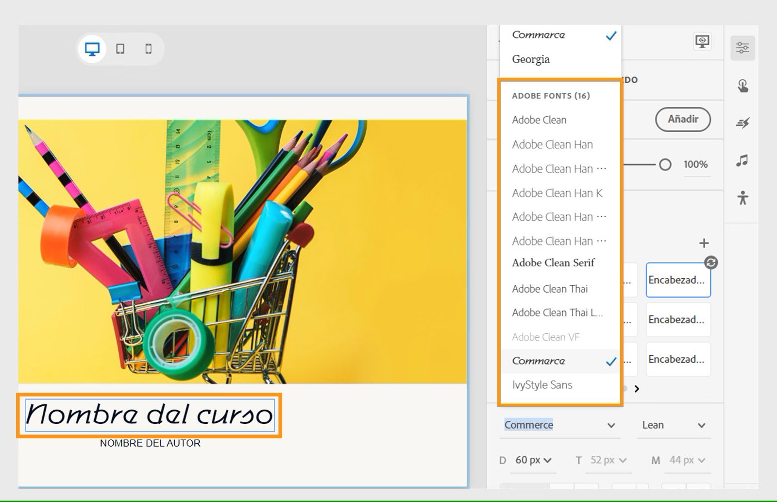 Nuevas fuentes de Adobe disponibles en la lista desplegable del selector de fuentes después de reiniciar