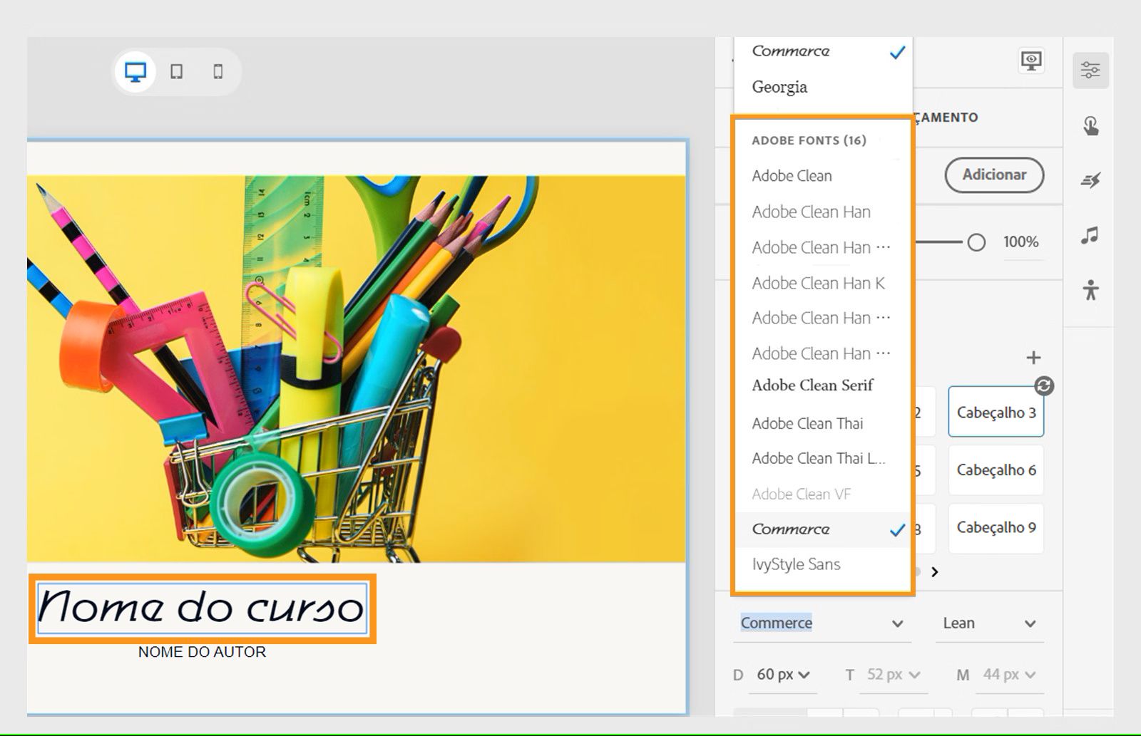 Novo Adobe Fonts disponível no menu suspenso do seletor de fontes após a reinicialização