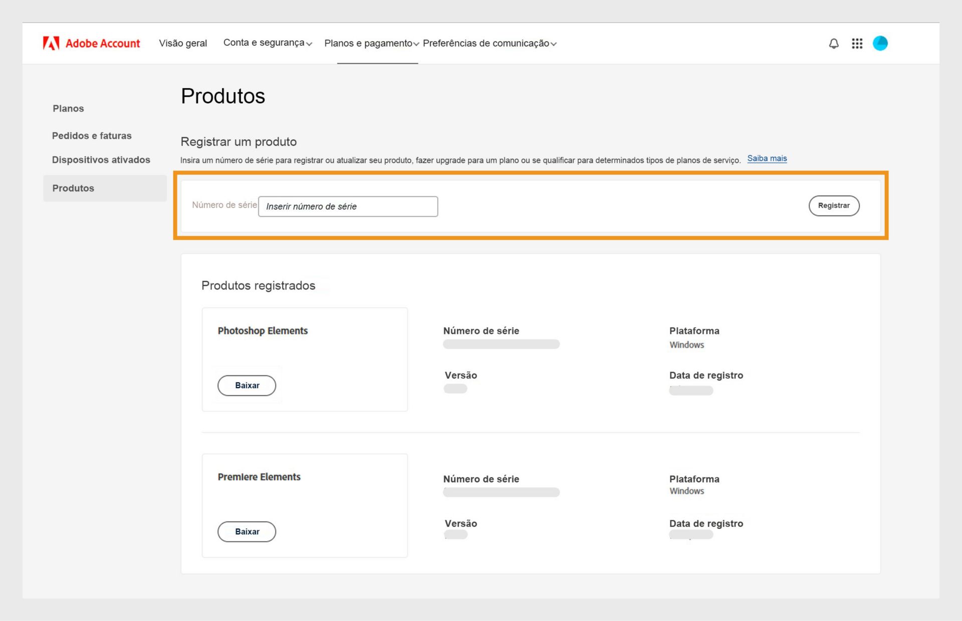 O campo Número de série na página Produtos da sua conta Adobe permite registrar versões mais antigas dos seus aplicativos que não são por assinatura. 