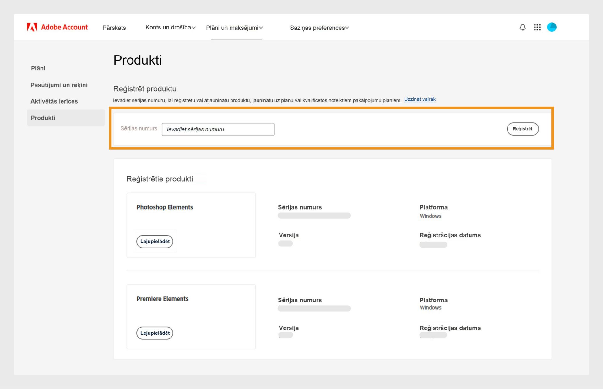 Adobe konta Produktu lapas Sērijas numura lauks ļauj reģistrēt vecākas lietojumprogrammu versijas, kas nav abonementu lietotnes. 