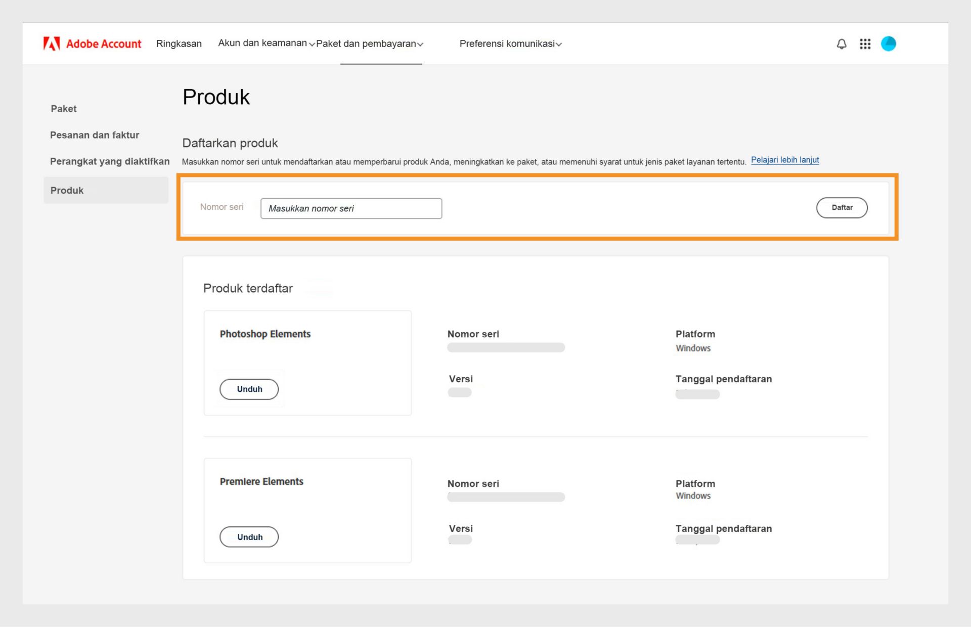 Kolom Nomor Seri di halaman Produk dalam Akun Adobe Anda memungkinkan Anda untuk mendaftarkan versi lama aplikasi non-langganan Anda. 
