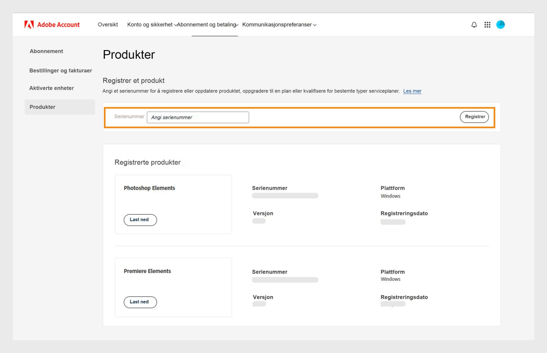 Feltet for serienummer på Produkter-siden i Adobe-kontoen din lar deg registrere eldre versjoner av appene dine uten abonnement.
