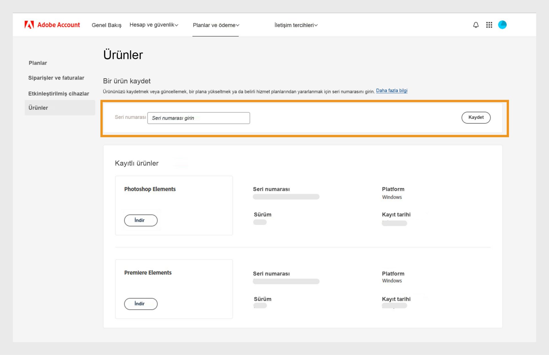Adobe hesabınızdaki Ürünler sayfasında bulunan Seri numarası alanı, abonelik dışı uygulamalarınızın eski sürümlerini kaydetmenize olanak tanır. 