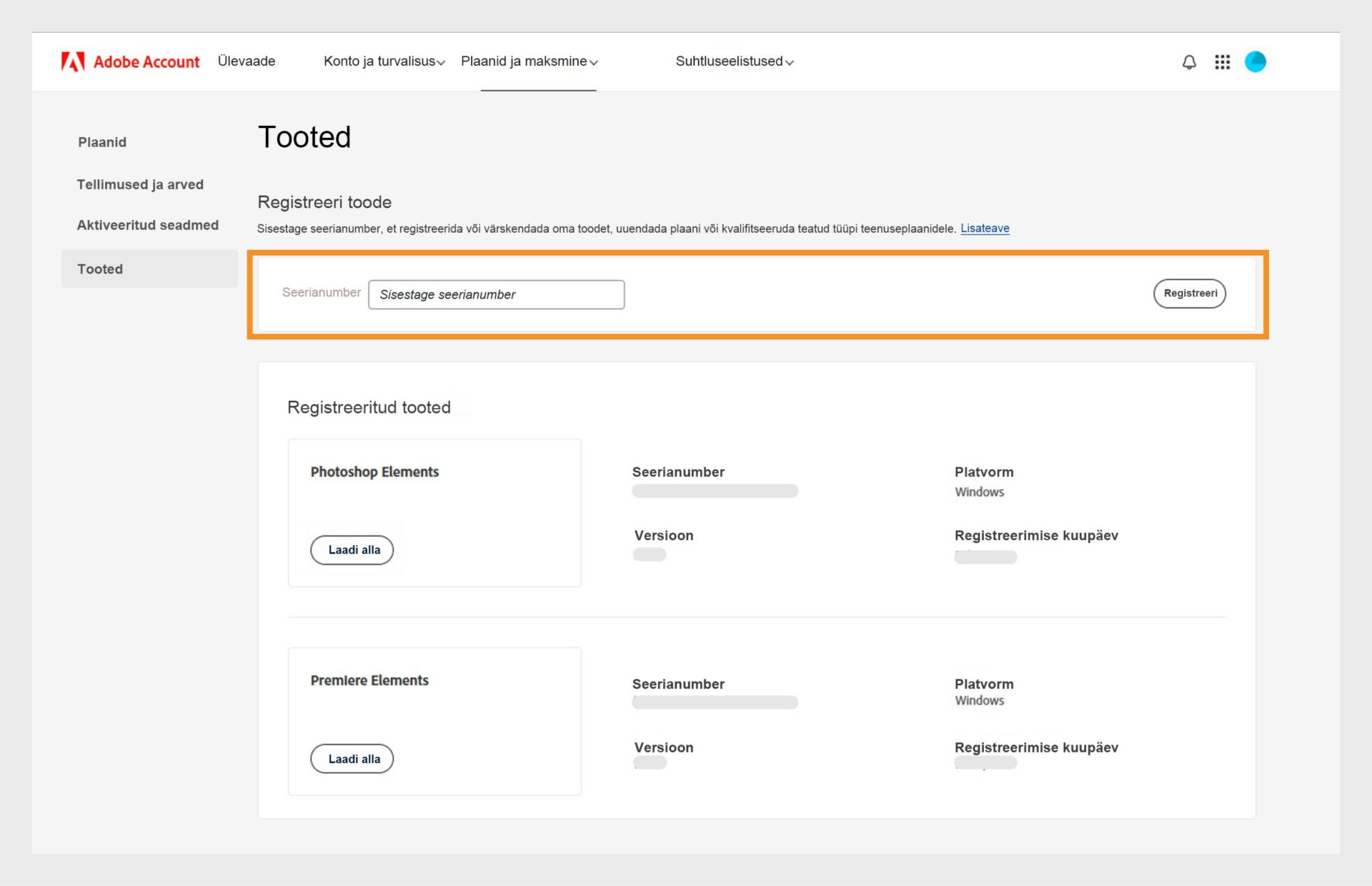 Seerianumbri väli teie Adobe konto toodete lehel võimaldab teil registreerida oma vanemate mittetellimisrakenduste versioone. 