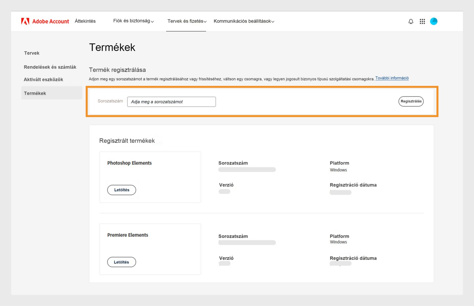 Az Adobe-fiókjában található Termékek oldal Sorozatszám mezője lehetővé teszi a nem előfizetéses alkalmazások régebbi verzióinak regisztrálását. 