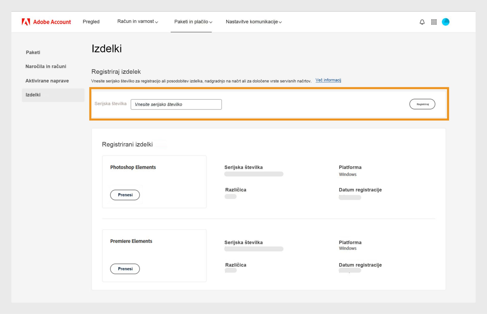 Polje za serijsko številko na strani Izdelki v vašem računu Adobe vam omogoča registracijo starejših različic programov brez naročnine. 