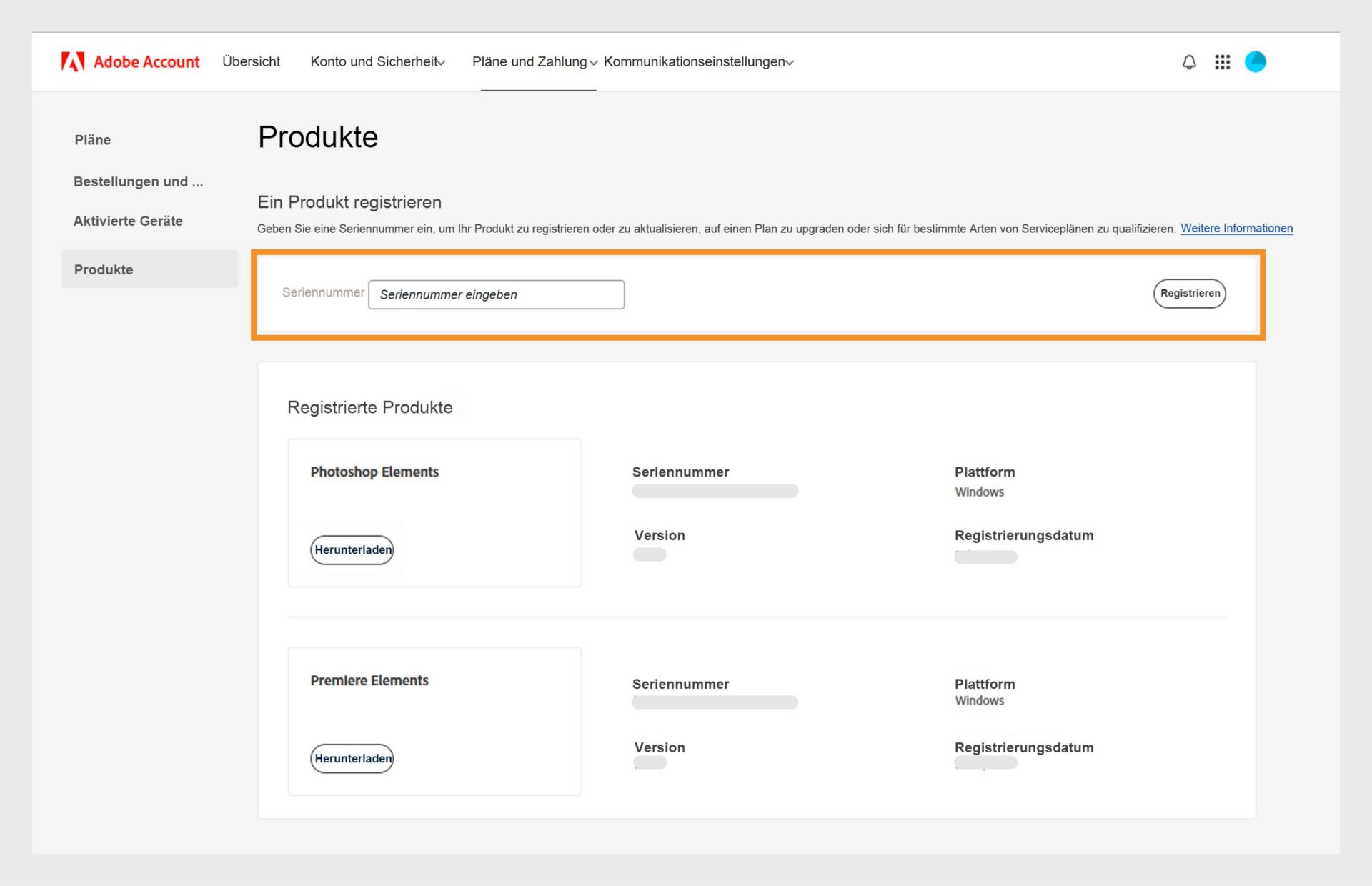 Mit dem Feld für die Seriennummer auf der Produktseite in deinem Adobe-Konto kannst du ältere Versionen deiner Anwendungen ohne Abo registrieren. 