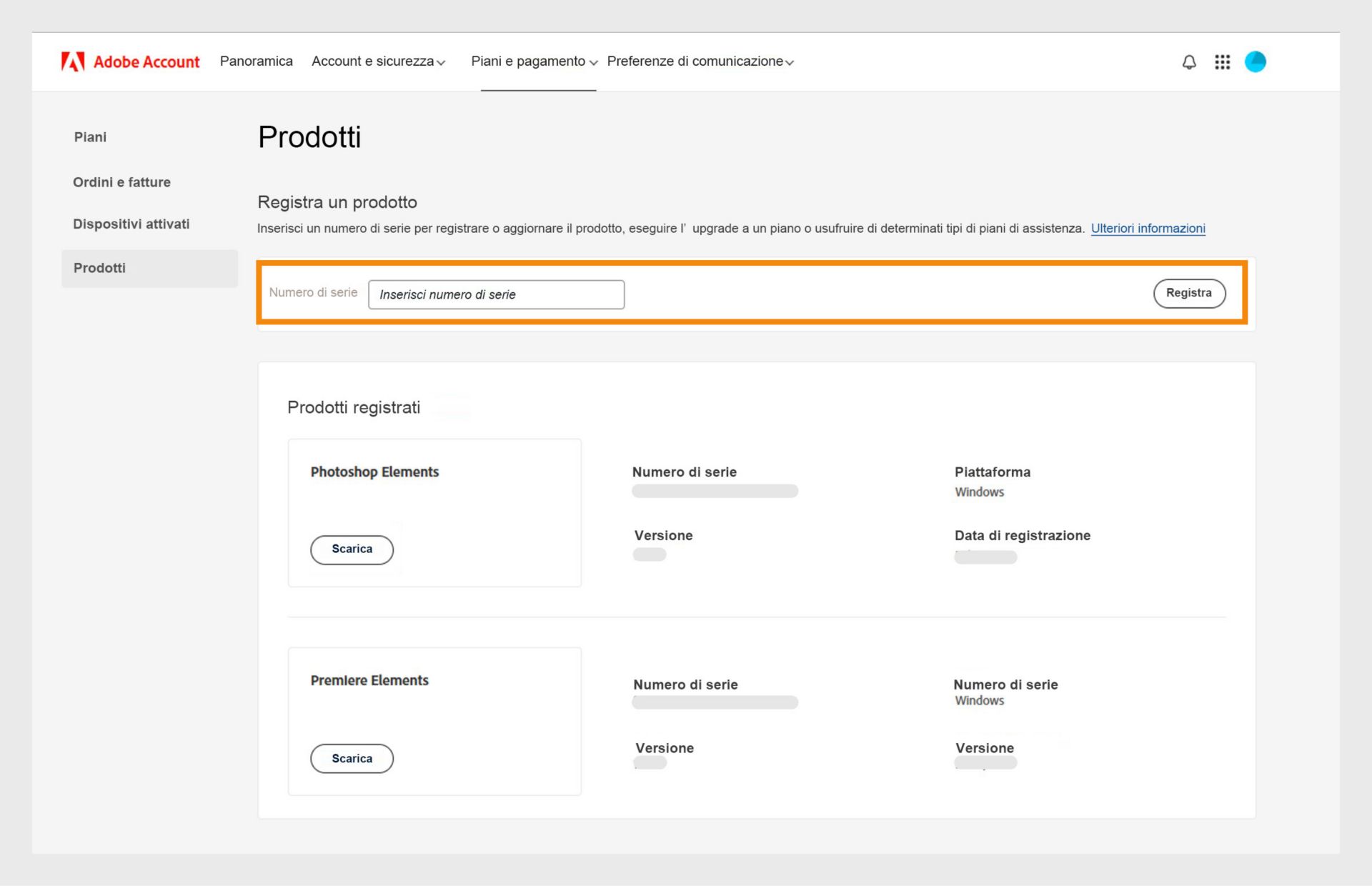 Il campo Numero di serie nella pagina Prodotti del tuo account Adobe ti consente di registrare le versioni precedenti delle tue applicazioni non in abbonamento.