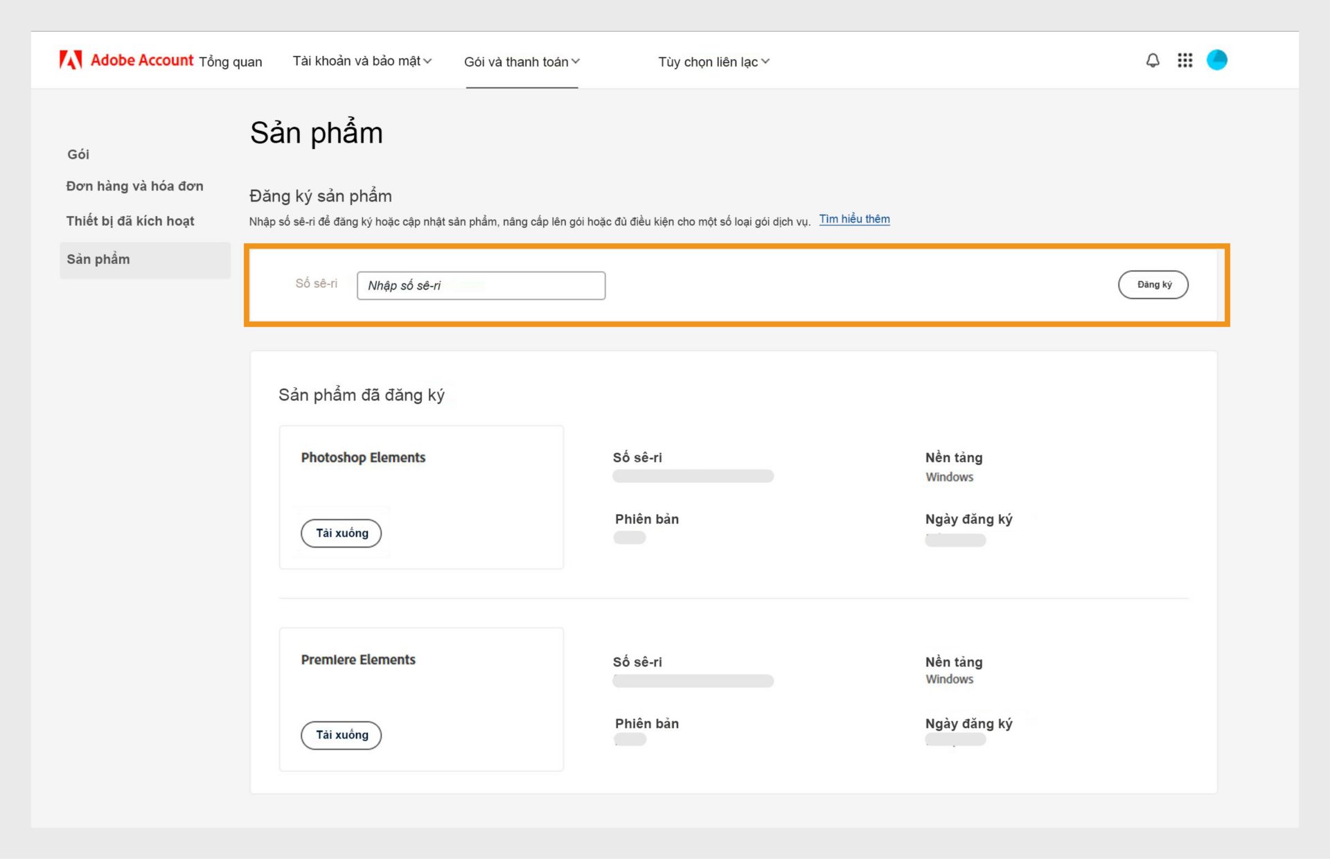 Trường Số sê-ri trên trang Sản phẩm trong Tài khoản Adobe của bạn cho phép bạn đăng ký các phiên bản cũ hơn của các ứng dụng không cần gói đăng ký của bạn. 