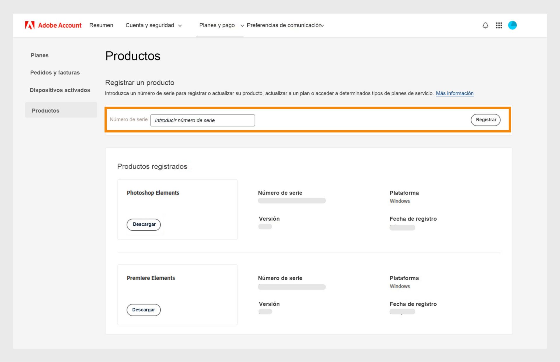 El campo Número de serie en la Página de productos de su cuenta de Adobe le permite registrar versiones anteriores de sus aplicaciones sin suscripción.