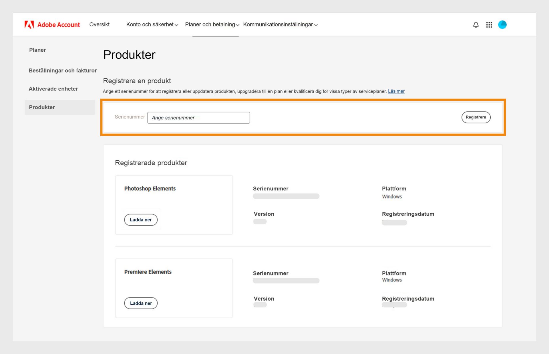 I fältet Serienummer på sidan Produkter i ditt Adobe-konto kan du registrera äldre versioner av dina appar utan prenumeration. 