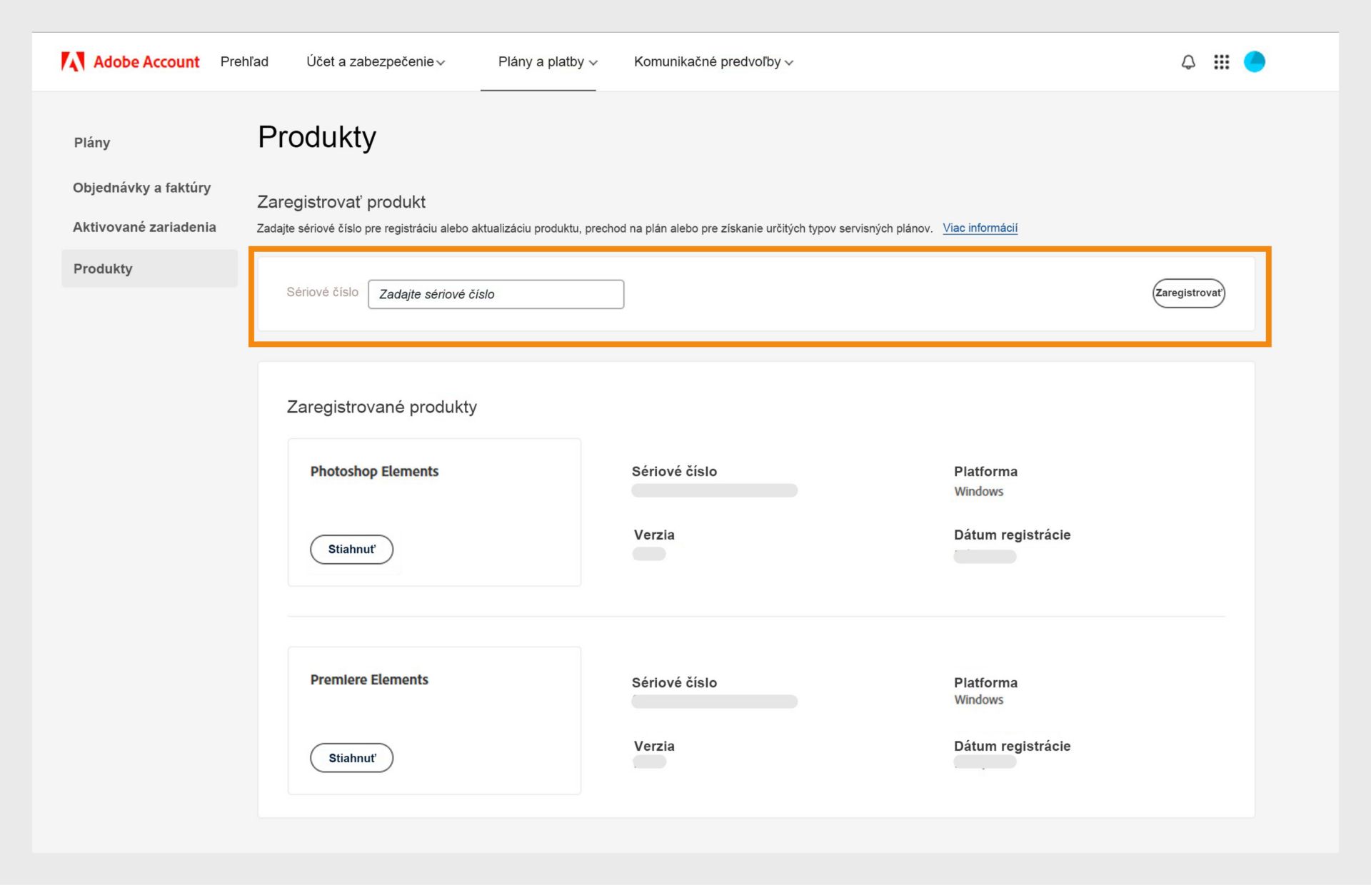 Pole Sériové číslo na stránke Produkty vo vašom konte Adobe vám umožňuje zaregistrovať staršie verzie vašich aplikácií bez predplatného.